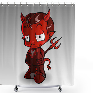 Personality  Cartoon Vector Illustration Of A Tough Kid Demon Or Devil With Pitchfork In Hands Shower Curtains