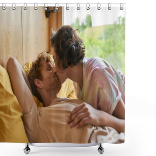 Personality  Romance And Tenderness, Asian Woman And Redhead Man Kissing Each Other In Bedroom With Forest View Shower Curtains