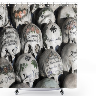 Personality  Skulls Painted With Names, Colorful Flowers And Crosses In The Charnel House Or Beinhaus, Hallstatt, Austria Shower Curtains