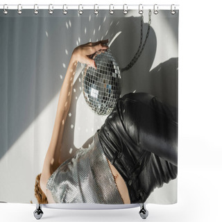 Personality  Top View Of Cropped Woman In Stylish Outfit Lying Near Shiny Disco Ball On Grey  Shower Curtains