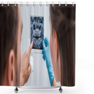 Personality  Panoramic Shot Of Dentist Holding X-ray Near Patient Pointing With Finger In Clinic  Shower Curtains