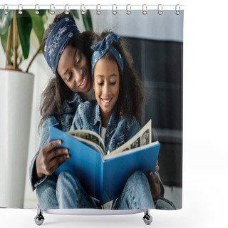 Personality  Portrait Of Smiling African American Mother And Daughter Looking At Family Photo Album At Home Shower Curtains