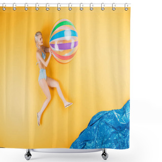 Personality  Beautiful Young Woman In Swimsuit And Flip Flops Holding Inflatable Ball On Imagine Beach Shower Curtains