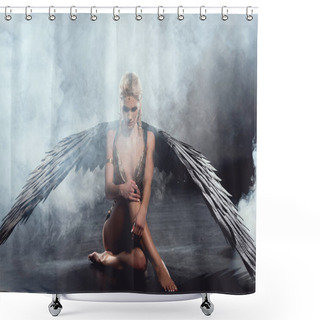 Personality  Beautiful Sexy Woman With Black Angel Wings Sitting And Posing On Dark Background Shower Curtains