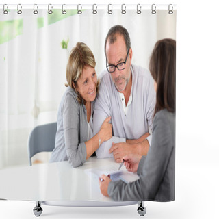 Personality  Senior Couple Signing Financial Contract Shower Curtains