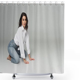 Personality  Sensual Woman In White Shirt Kneeling On Grey Background Shower Curtains