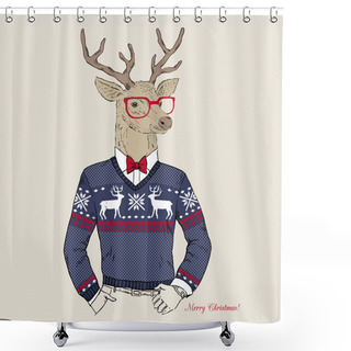 Personality  Deer Hipster In Jacquard Sweater, Merry Christmas Card Shower Curtains