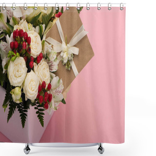 Personality  Bouquet Of Flowers In Festive Gift Box With Greeting Card On Pink Background Shower Curtains