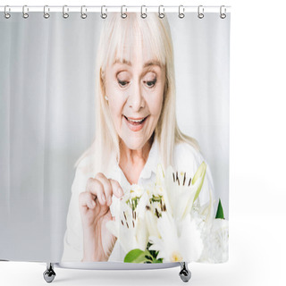 Personality  Exited Blonde Senior Woman In White Clothes With Flowers Isolated On Grey Shower Curtains