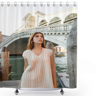 Personality  Pretty Woman In Sleeveless Jumper Looking Away Near Rialto Bridge In Venice Shower Curtains