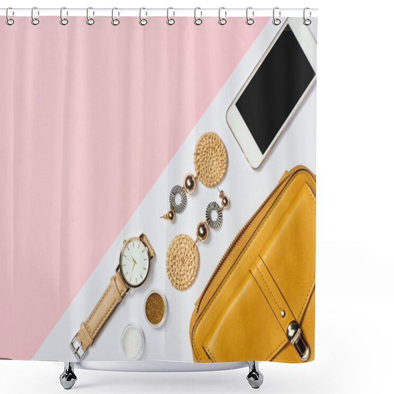 Personality  Top View Of Earrings, Eyeshadow, Watch, Smartphone And Yellow Bag Shower Curtains