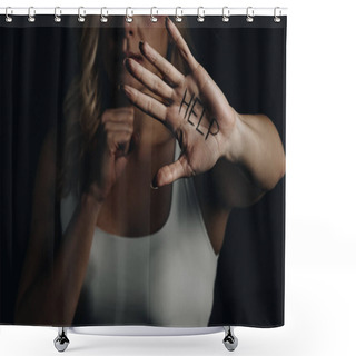 Personality  Cropped View Of Victim Showing Hand With Help Lettering Isolated On Black  Shower Curtains