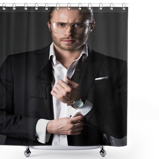 Personality  Confident Man In Suit And Tie Bow Isolated On Grey Shower Curtains