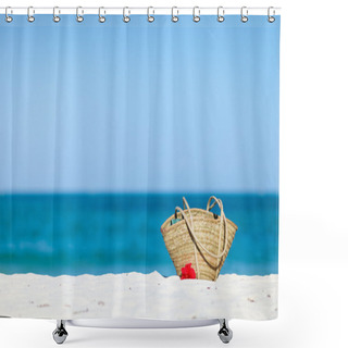 Personality  Straw Beach Bag On Exotic White Sand Beach Shower Curtains