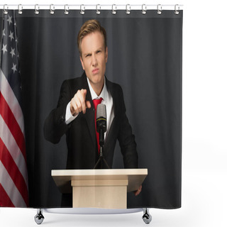 Personality  Emotional Man Pointing With Finger On Tribune With American Flag On Black Background Shower Curtains