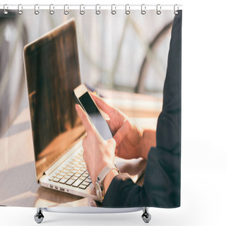 Personality  Businesswoman Using Laptop And Smartphone  Shower Curtains