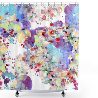 Personality  Bouquet With Flowers And Fruits. Wild Spring Leaf Wildflower Isolated. Watercolor Illustration Set. Watercolour Drawing Fashion Aquarelle. Seamless Background Pattern. Fabric Wallpaper Print Texture. Shower Curtains