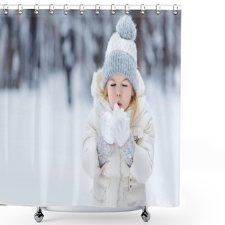Personality  Portrait Of Adorable Kid Blowing Onto Snow Ball In Hands In Winter Park Shower Curtains