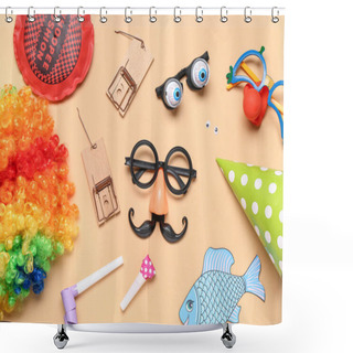 Personality  Funny Glasses With Clown Wig, Whoopee Cushion And Mousetraps On Beige Background. April Fool Day Shower Curtains