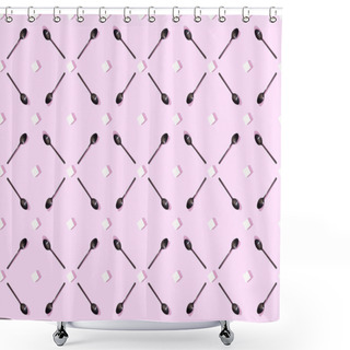 Personality  Top View Of Lump Sugar With Black Spoons On Violet, Seamless Background Pattern Shower Curtains