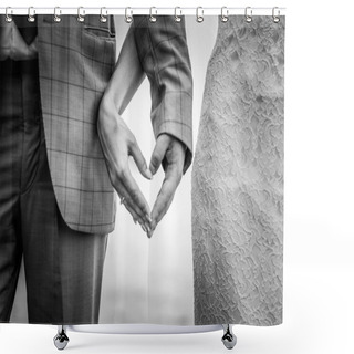 Personality  Hands In The Shape Of A Heart On The Background Of The Sea  Male And Female Hands With Rings Shower Curtains