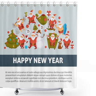 Personality  Happy New Year 2018 Poster With Santa Clauses In Traditional Costume, Sport Suit And Swimming Trunks, Snowman In Hat, Decorated Christmas Tree, Gift Boxes With Bow And Cute Dog Vector Illustrations. Shower Curtains