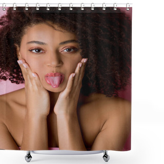 Personality  Portrait Of Happy Curly African American Girl Sticking Tongue Out On Pink Shower Curtains