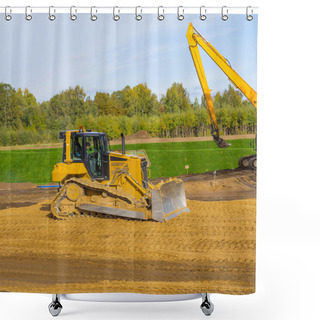 Personality  Yellow Construction Excavator At Work Shower Curtains