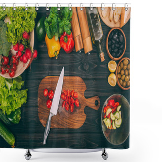 Personality  Tomatoes With Knife On Chopping Board Shower Curtains