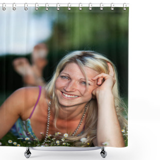 Personality  Young Woman In A Summer Dress On A Lawn Shower Curtains