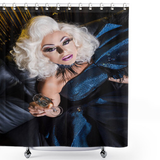 Personality  Overhead View Of Drag Queen With Champagne Glass Looking At Camera While Sitting On Couch Shower Curtains