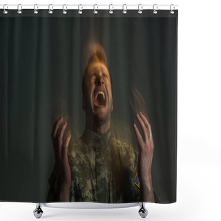 Personality  Double Exposure Of Serviceman Screaming While Suffering From Dissociation Disorder Isolated On Dark Grey  Shower Curtains
