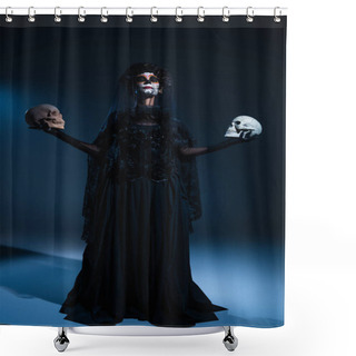 Personality  Woman In Spooky Makeup And Witch Dress Standing With Closed Eyes And Skulls On Dark Background With Blue Light Shower Curtains