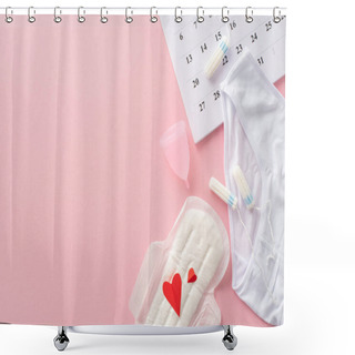 Personality  Feminine Hygiene Supplies Like Pad With Red Hearts, Symbolizing Blood, Tampons, Menstrual Cup, Underpants, Calendar Marking The Cycle Start, On A Pastel Pink Background With Room For Text Or Branding Shower Curtains