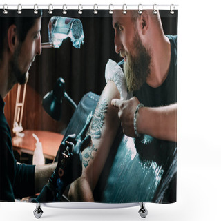 Personality  Side View Of Tattoo Artist In Gloves With Tattoo Machine Working On Tattoo On Shoulder In Salon Shower Curtains