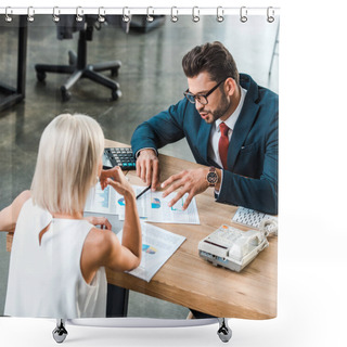 Personality  Selective Focus Of Businessman In Glasses Gesturing While Looking At Charts And Graphs Near Blonde Colleague  Shower Curtains