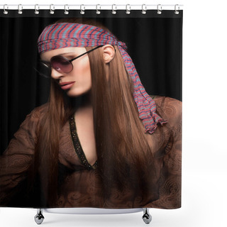 Personality  Pretty Long Hair Hippie Woman On Black Background Shower Curtains