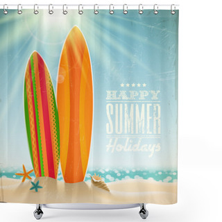 Personality  Vector Holidays Vintage Design - Surfboards On A Beach Against A Sunny Seascape Shower Curtains
