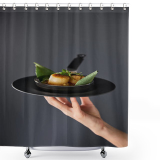 Personality  Cropped View Of Woman Holding Plate With Delicious Grilled Scallops On Black Background Shower Curtains