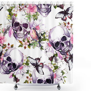 Personality  Human Skulls , Butterflies, Flowers, Bird. Seamless Pattern. Watercolor Shower Curtains
