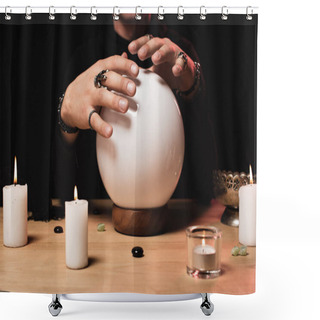 Personality  Cropped View Of Esoteric Holding Hands Above Crystal Ball Near Candles Isolated On Black  Shower Curtains