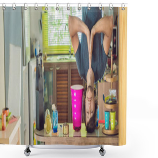 Personality  A Man Stands On His Hands Upside Down In The Kitchen. BANNER, Long Format Shower Curtains
