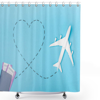 Personality  Top View Of White Plane Model And Tickets On Blue Background Shower Curtains