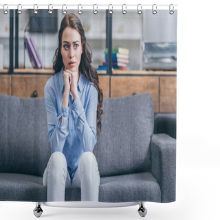 Personality  Sad Woman In Blue Blouse And White Pants Sitting On Grey Couch In Kitchengrieving Disorder Concept , Shower Curtains