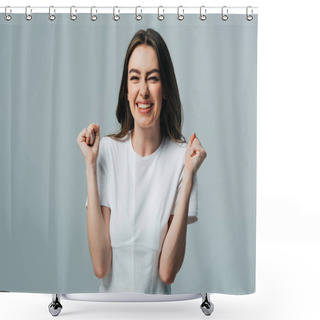 Personality  Excited Beautiful Girl In White T-shirt Showing Yes Gesture Isolated On Grey Shower Curtains