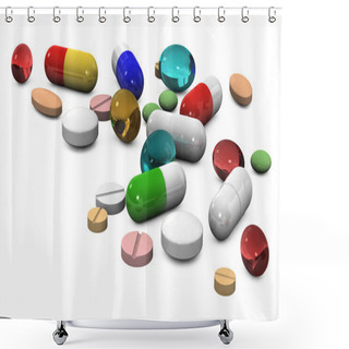 Personality  3d Different Tablets And Pills On A White Background Shower Curtains