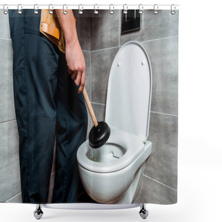 Personality  Cropped View Of Plumber Holding Plunger Near Toilet  Shower Curtains