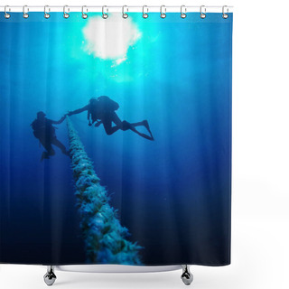 Personality  Scuba Divers Descending Holding A Rope To A Shipwreck In The Red Sea In Egypt Shower Curtains