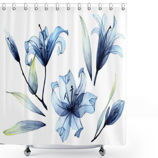 Personality  Watercolor Set With Transparent Flowers And Leaves. Transparent Blue Lilies In Pastel Colors. Elements Isolated On White Background. Design For Wedding Shower Curtains