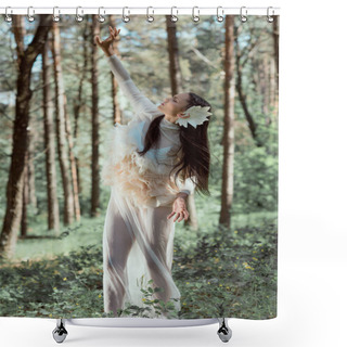 Personality  Beautiful Woman In White Swan Costume Standing In Forest, Closing Eyes Shower Curtains